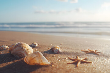 a beach with shells and starfishs on the sand