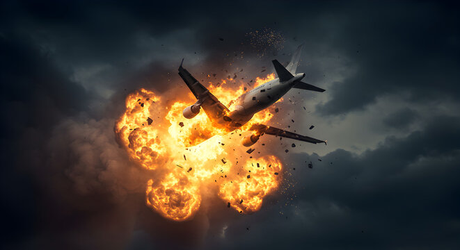 Fiery Airplane Crash Amidst Storm Clouds