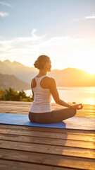 Fototapeta premium Girl holding yoga pose on mat with sunrise behind, peace and strength