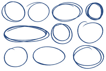 Set of dark blue, sketchy, hand-drawn, circles for presentations, note-taking, etc. 