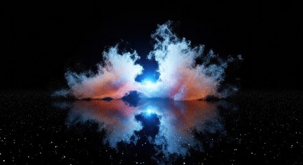 Mystical reflection landscape, otherworldly illumination, cloudscape and astral dust, glowing