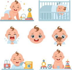 A collection of adorable baby illustrations showcasing various emotions and activities, from playful crawling to peaceful sleep.