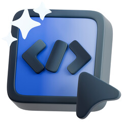 3D Clean Code Development Icon. Modern Monitor with Programming Symbols, Mouse Cursor, and Sparkles. Web and Software Design Concept.