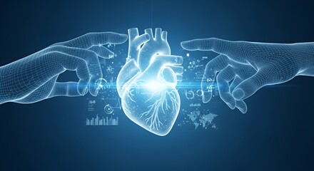 Digital Heart Illustration with Human Hands Touching in Futuristic Technology Style