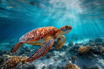 Obraz premium Sea turtle swimming underwater in clear tropical ocean