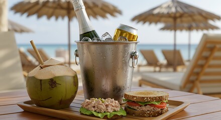 Tropical Beach Picnic: Champagne, Coconut, and Sandwiches on a Wooden Tray, Relaxing beach picnic with champagne, sandwiches, and a coconut on a wooden tray