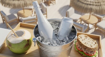 Luxury beach picnic with champagne, beer, and sandwich, Elevated dining experience with tropical coconut drink, ice bucket, and ocean backdrop