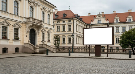 Naklejka premium Billboard in Historic Town Square Advertising Space Amidst Architectural Beauty