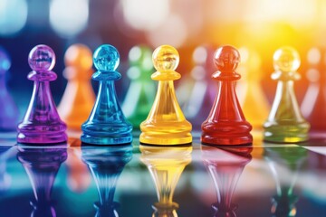 Colorful chess pieces arranged on a board.