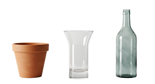 A collection of three distinct containers a terracotta pot, a clear glass vase, and a vintage green bottle, set against a neutral background