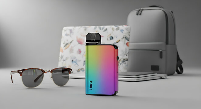 A colorful vape pen with sunglasses, a laptop, and a backpack on a white surface in a studio ai generated