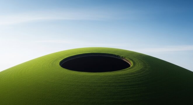 Surreal vista of an verdant knoll featuring an enigmatic abyssal concavity piercing its gentle