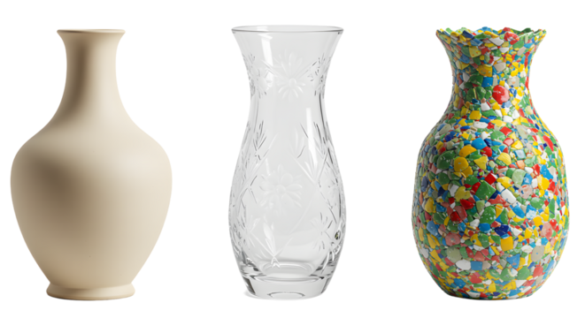 A collection of three distinct vases showcasing different materials and designs, set against a neutral backdrop