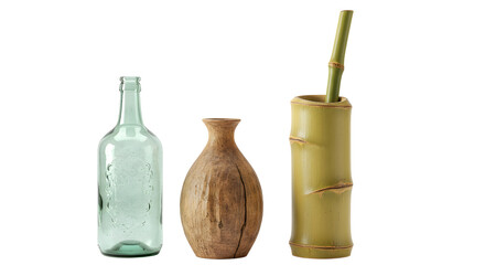 A collection of unique vases made from glass, wood, and bamboo, beautifully arranged on a neutral background