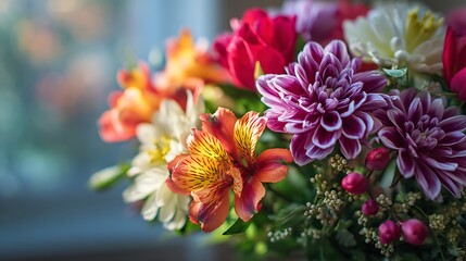 Vibrant mixed flower bouquet in soft natural light showing rich colors and detailed petals in still life style
