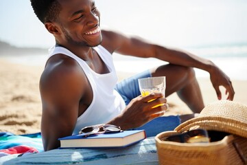Handsome african american man relaxing on beach with juice book and sunglasses summer