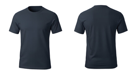 Front and back view of a plain navy blue t-shirt displayed on a neutral background, ideal for clothing catalogues and online sales