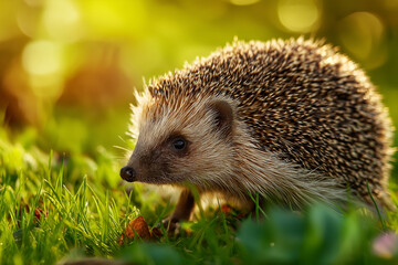 Small hedgehog walking through green garden grass