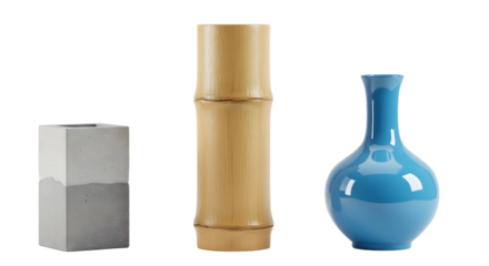 Three decorative vases arranged on a clean surface, showcasing modern design elements with a minimalist aesthetic