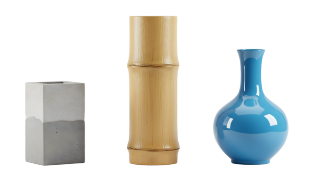 Three decorative vases arranged on a clean surface, showcasing modern design elements with a minimalist aesthetic