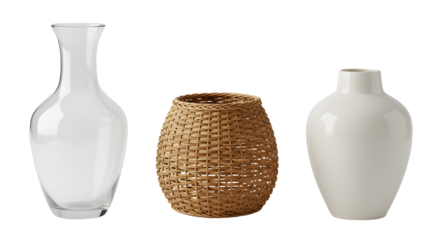 Three decorative vases showcasing diverse materials and designs, set against a neutral background for aesthetic appeal