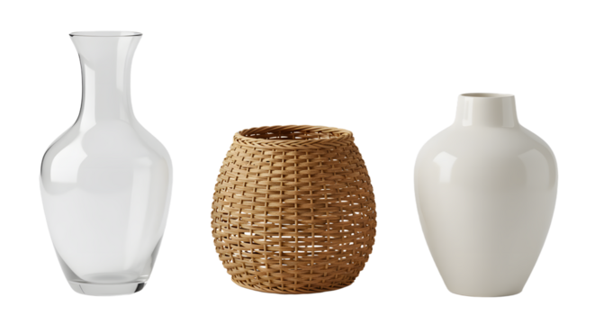 Three decorative vases showcasing diverse materials and designs, set against a neutral background for aesthetic appeal