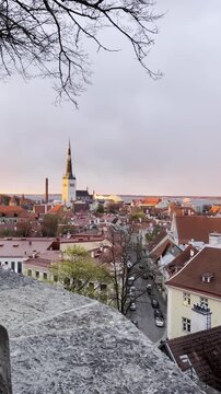 Panoramic view of the city skyline of the old town of Tallinn, Estonia. The spire of St. Olaf's Church during the golden hour at sunset. May 5, 2025