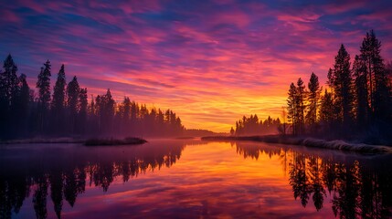 Vibrant sunrise over lake and forest colorful sky serene reflections peaceful nature beauty warm light scene