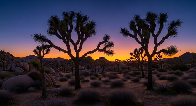 Serene desert landscape featuring Joshua Trees silhouetted against colorful dusk sky