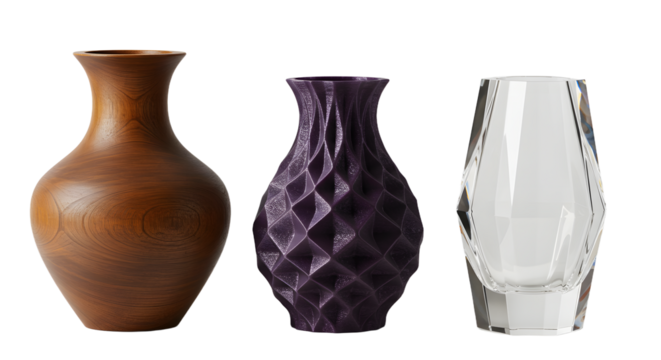 Three distinct vases showcasing unique designs and materials, set against a clean background, ideal for home decor or art displays