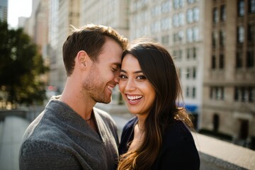 Happy couple smiling in city street romantic relationship and urban lifestyle photo