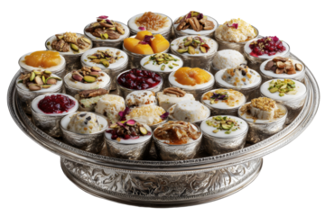 Indian sweets and desserts platter mithai gulab jamun jalebi barfi rasgulla garnished with nuts on silver tray transparent background.