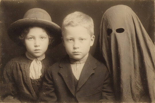 1900 vintage close up photography of children with creepy Halloween costumes