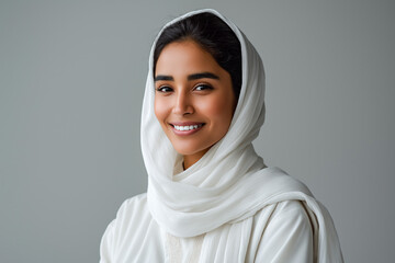 Elegant young Middle Eastern woman in a white hijab smiling confidently, isolated on transparent background, ideal for cultural, fashion, or lifestyle themes