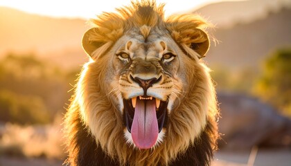 Majestic male lion roaring fiercely at sunset in the savanna, a powerful symbol of wilderness and strength.