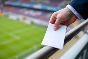 A Ticket to Excitement: A close-up captures a hand firmly grasping a blank ticket, set against a blurred backdrop of a vibrant sports stadium, symbolizing anticipation