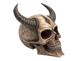 Bronze Skull with Curving Horns A Detailed Sculpture on transparent background