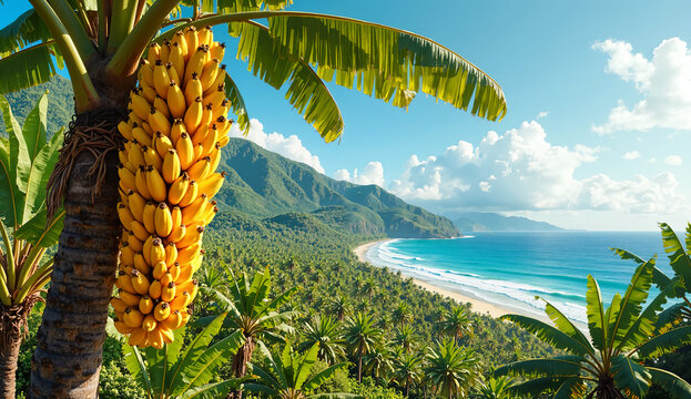 Tropical ocean coastline view with banana trees. AI-Generated