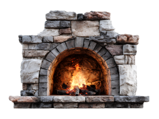 Fireplace with stone arch and burning fire, isolated on a white background