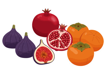An array of fruits figs pomegranates one halved and persimmons grouped together