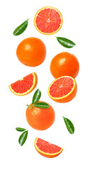 set of grapefruit and slice isolated on transparent png background	
