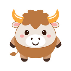 Fototapeta premium A cute yak character, Smiling and cheerful. The cartoon yak has a light brown body with a smiling face and small yellow horns.