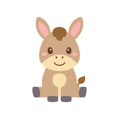 Fototapeta premium A cute illustration of a friendly donkey sitting politely and facing the viewer. Its fur is colored brown, and it has lovely pinkish ears