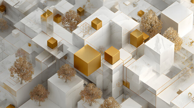 Abstract geometric city with gold cubes and marble blocks, 3D render art design concept