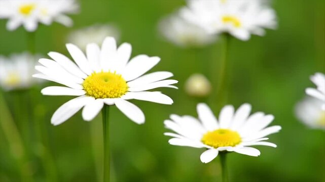 Bright daisy close-up in green field. White petals with vivid yellow center. Serene spring floral photography.