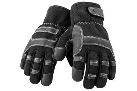 Pair of black heavy-duty work gloves for construction safety isolated on a transparent background