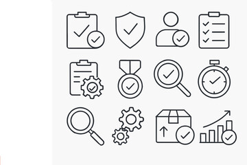 A collection of Quality Control -related line icons,