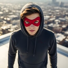 A young person wearing a red mask and hoodie, standing on a rooftop, looking directly at the viewer.