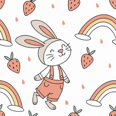 Vector preppy festive seamless pattern with white bunny and pink bow knots on blue background. Cute animal seamless fabric design for baby nursery or kidswear