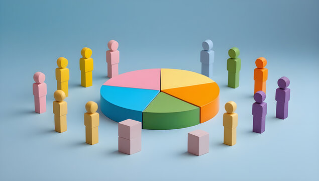 Symmetrical Data Visualization with Wooden Figures and Multi Colored Pie Graph